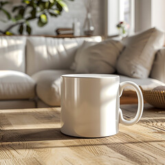 Fototapeta na wymiar White coffee mug mockup on the bed with gray blanket