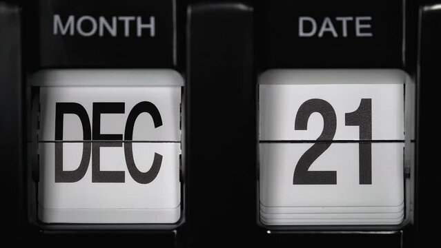 retro flip calendar with a date change from the twentieth of December to the twenty first of December. daily calendar with a change of days of the month. calendar concept, reminders, events. close up.
