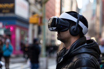 a man walks on the street with virtual reality headset