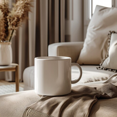 Fototapeta na wymiar White coffee mug mockup on the bed with gray blanket