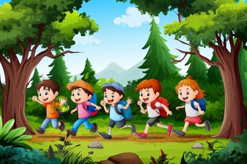 Cartoon kids running in the forest. Vector illustration for your design