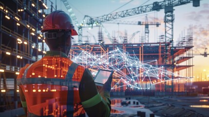 A 3D digital twin of a construction site showing real-time data integration and analytics