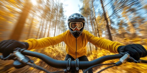 extreme mountain biker in action, performing jumps and turns on forest trails, dynamic movement on a trail downhill