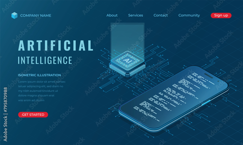 Poster isometric artificial intelligence landing page concept. isometric smartphone with ai. machine learni