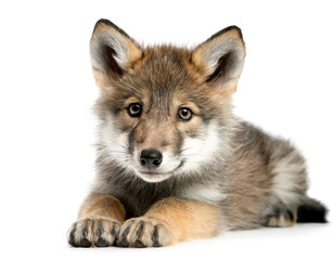 baby Wolf liegend isoliert auf weißen Hintergrund, Freisteller 