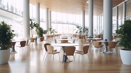 Breakfast restaurant interior with large windows with tables, chairs.AI generated image