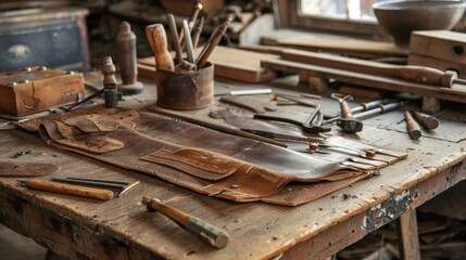 Leather craft equipment on an old wooden table at a cobbler's workplace.AI generated image