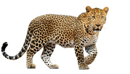 Fototapeta premium Leopard auf vier beinen isoliert auf weißen Hintergrund, Freisteller