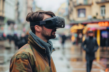 a man walks on the street with virtual reality headset