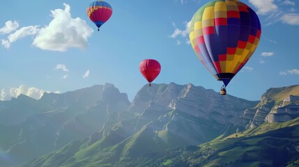 Fototapeta premium Colorful hot air balloons on a beautiful mountain background
