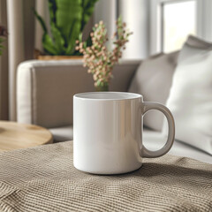 Obraz na płótnie Canvas white mug mockup in living room setting --ar 1:1 --stylize 250 --v 6