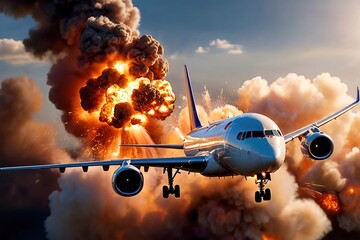 Passenger plane disaster, explosion and flames in the air while flying