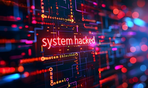 System hacking with info message "system hacked". Background with a code on a blue background and a virus warning. Cyber security and cybercrime