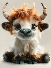 Design sketch of a little cute cow doll with horns, animal focus,small eyes, sitting, baby cow