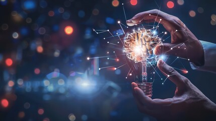 Businessman hand holding light bulb with technology internet network background, Creativity and new innovation concept