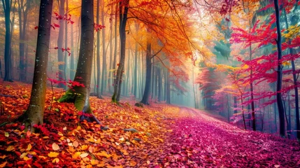 Fotobehang Colorful forest path with fallen leaves © 2rogan