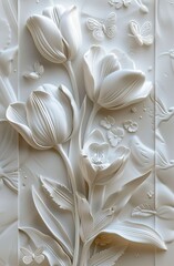 3D textured relief art illustration with white tulips on white background. Digital relief art in flat style with flowers and butterflies.