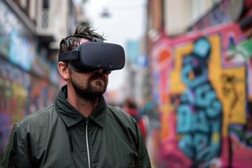 a man walks on the street with virtual reality headset