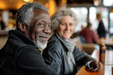 Portrait of happy senior couple sitting in a cafe and looking at camera