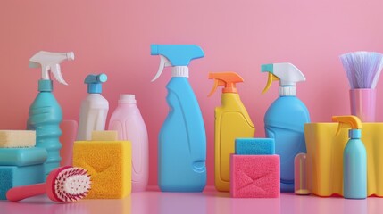 Various cleaning supplies on a table