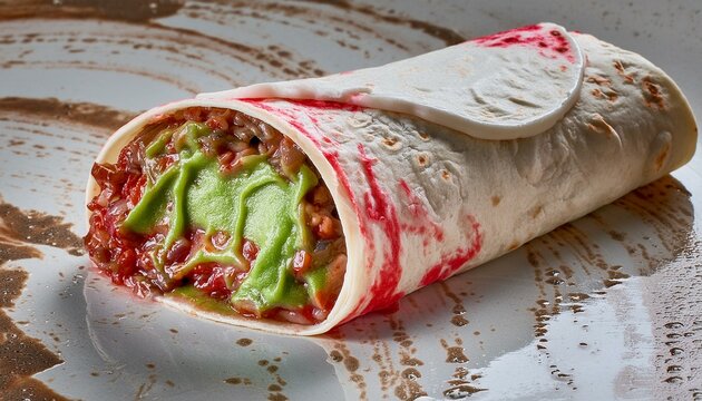 A closeup view of a red and green wet burrito.