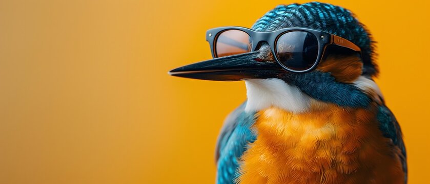 kingfisher with cool and dark sunglasses, yellow background
