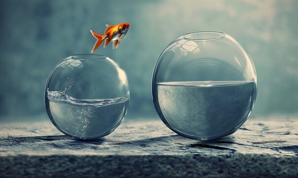 goldfish jumping from a very small goldfish bowl into a very big goldfish bowl, rise and improvement concept