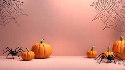 A Halloween scene with pumpkins and a spider web