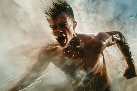 Rage and fury concept. Close up profile portrait of young man screaming and running. Water splashes on his way. Double exposure. Outdoor shot