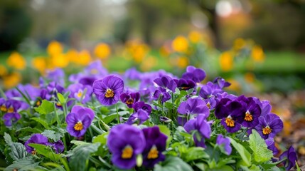Obraz premium Purple flowers among green leaves and yellow blooms