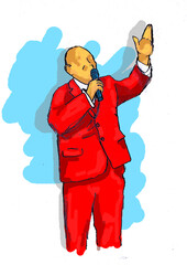 political man pastor with microphone in red suit 