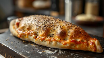 Intimate look at a freshly baked calzone stuffed with mozzarella and pepperoni, highlighted by precise studio lighting on an isolated backdrop