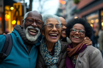 Group of diverse senior friends having fun together in the city. They are laughing and having fun.