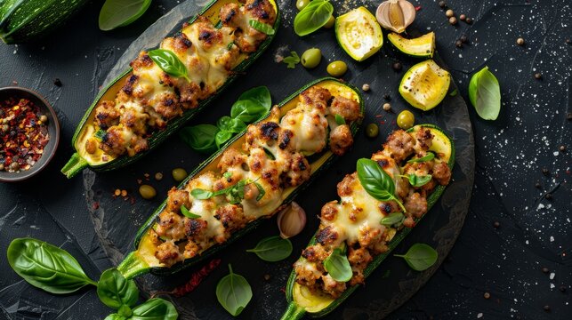 High-resolution top view image of stuffed zucchini boats with Italian sausage and melty mozzarella, presented on a sleek isolated background
