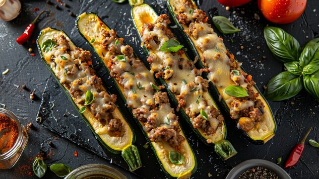 High-resolution top view image of stuffed zucchini boats with Italian sausage and melty mozzarella, presented on a sleek isolated background