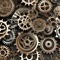 A digital sculpture of interlocking gears and cogs, turning and rotating in a synchronized motion4