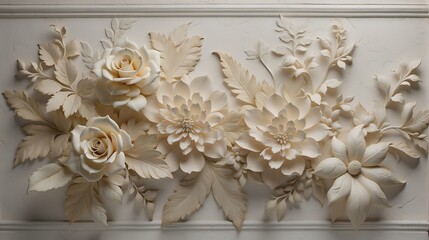 Light decorative texture of a plaster wall with voluminous decorative flowers

