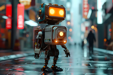 small robot standing on the street., blurred background. Artificial intelect in future life. AI Generated	