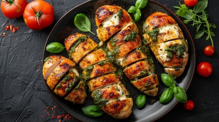 Hasselback Chicken breasts, richly filled with pesto and mozzarella, roasted to perfection, captured from above with high-detail studio lighting on an isolated background
