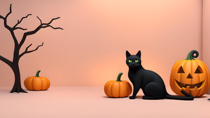 A black cat sits in front of a pumpkin and two pumpkins