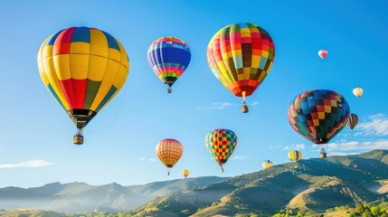 Obraz premium Colorful hot air balloons on a beautiful mountain background