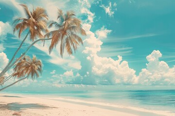Beautiful tropical beach with blue sky and white clouds abstract texture background. Copy space of summer vacation and holiday business travel concept. Vintage tone filter - generative ai - obrazy, fototapety, plakaty