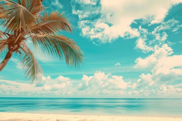 Beautiful tropical beach with blue sky and white clouds abstract texture background. Copy space of summer vacation and holiday business travel concept. Vintage tone filter - generative ai