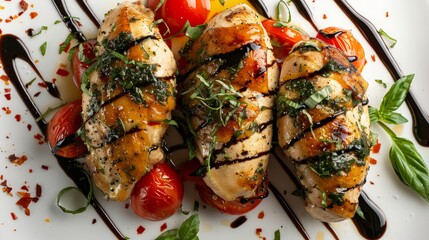 Gourmet top view of baked Caprese stuffed chicken, perfectly golden with a drizzle of balsamic glaze, on an isolated white backdrop - obrazy, fototapety, plakaty