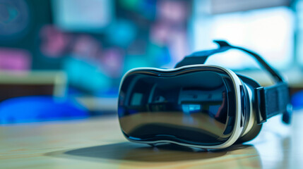 A close-up of a VR headset lying on a classroom desk, highlighting virtual reality learning.