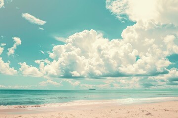 Beautiful tropical beach with blue sky and white clouds abstract texture background. Copy space of summer vacation and holiday business travel concept. Vintage tone filter - generative ai - obrazy, fototapety, plakaty