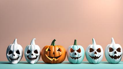 A row of pumpkins with different faces, including one with a skull