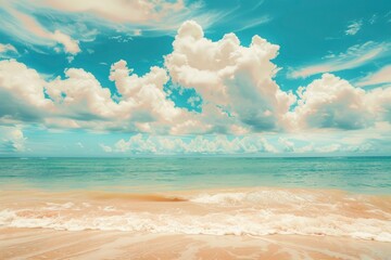 Beautiful tropical beach with blue sky and white clouds abstract texture background. Copy space of summer vacation and holiday business travel concept. Vintage tone filter - generative ai - obrazy, fototapety, plakaty