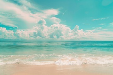 Beautiful tropical beach with blue sky and white clouds abstract texture background. Copy space of summer vacation and holiday business travel concept. Vintage tone filter - generative ai - obrazy, fototapety, plakaty