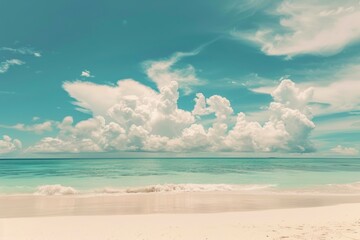 Beautiful tropical beach with blue sky and white clouds abstract texture background. Copy space of summer vacation and holiday business travel concept. Vintage tone filter - generative ai - obrazy, fototapety, plakaty